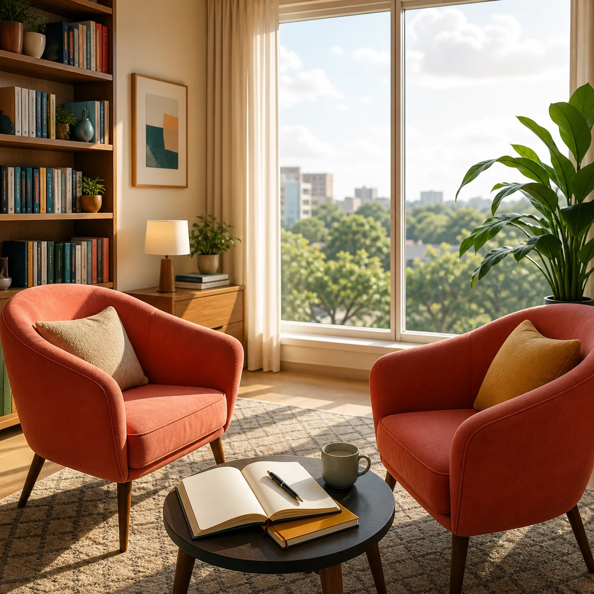 A sunlit counselling studio with an open notebook and two conversation chairs